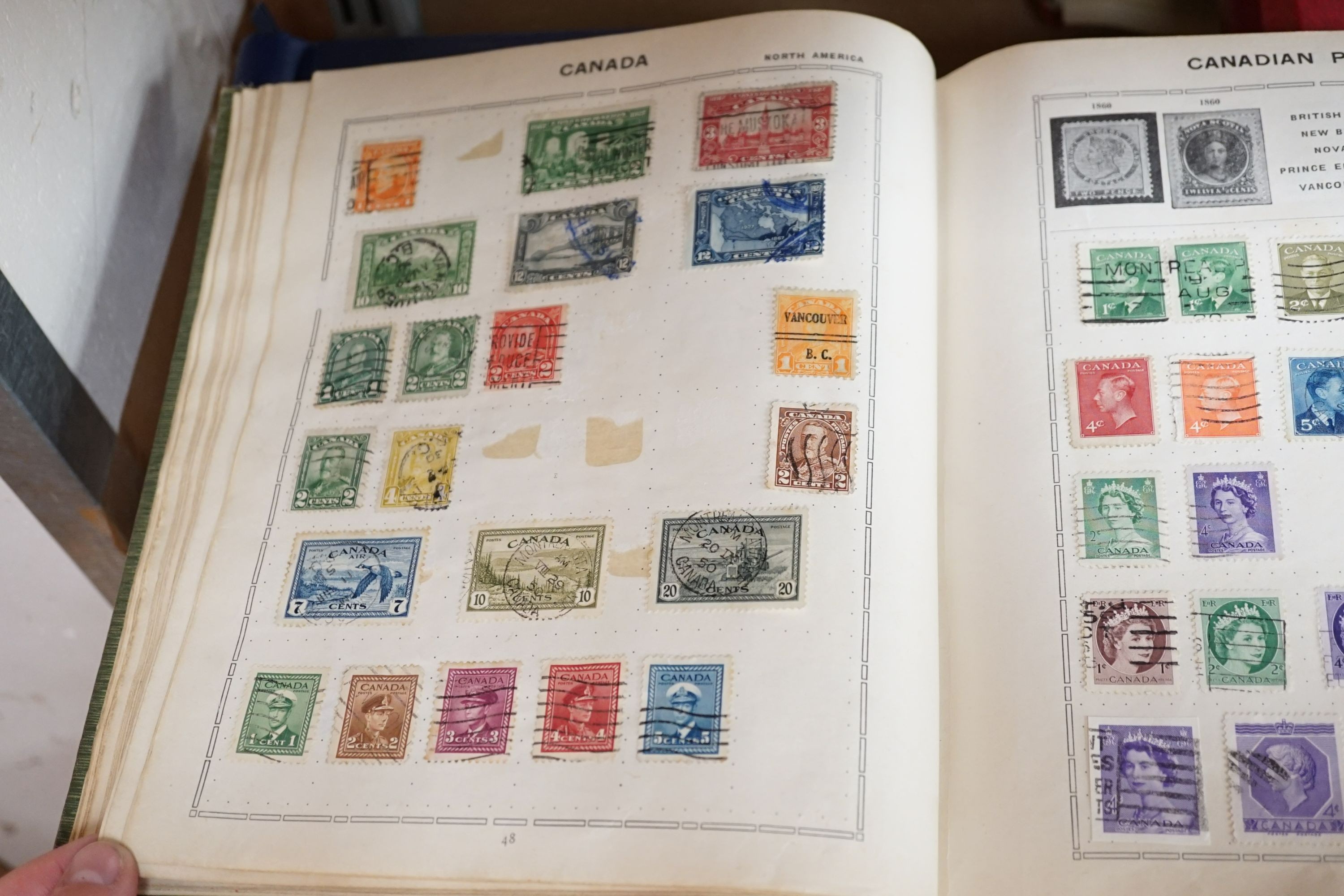 World stamps in 6 albums including Lincoln and Triumph album with G.B. 1841 1d red, browns and 2d blues used, 1d red plate 138 mint block of 6, British Commonwealth, Hong Kong, New Zealand 1858 1sh. emerald green used, S